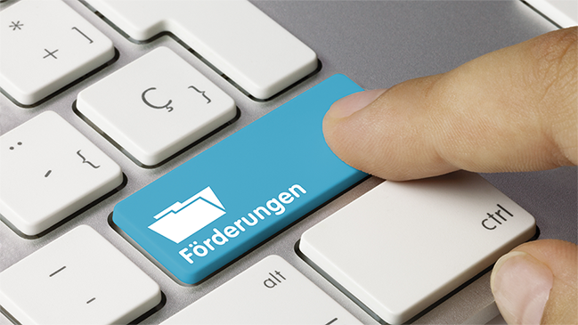 verweist auf: Förderung Finger auf einer Taste mit der Bezeichnung Förderung auf einer Tastatur (verweist auf: Förderung)